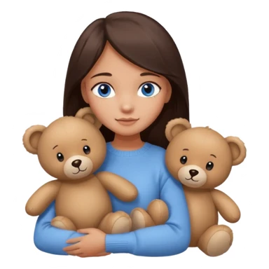 a girl with long dark 
brown hair, with blue eyes, in a
white sweater, hugs 3 different natural coloured sticker