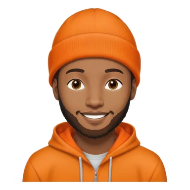 African yound man in his late 20s with a beanie and a bright smile with a short boxed beard, and a low cut hair, orange hoody sticker