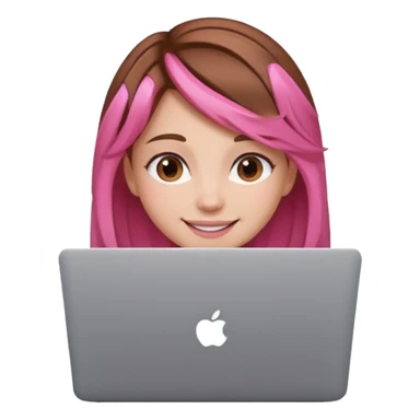 Make an apple emoji of a girl with brown hair that has pink strands of hair with her face behind a laptop screen facing her. sticker