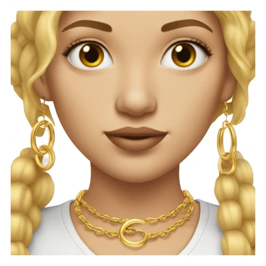white woman with hazel eyes and straight blonde hair wearing gold necklace and small gold hoop earrings sticker