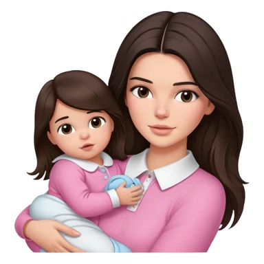 brunette Kendall Jenner with long hair holding on the hands newborn baby wear on pink collar sticker