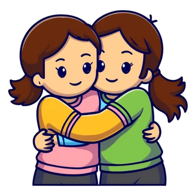 two girls hugging, one with brown hair sticker