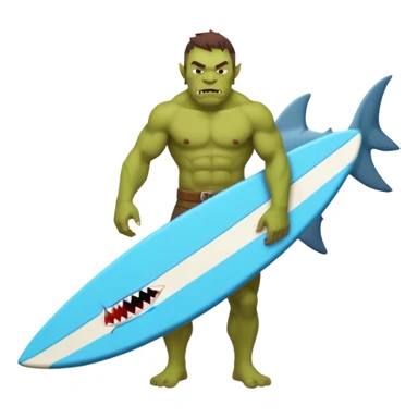 orc male with a shark-shaped board, centered sticker