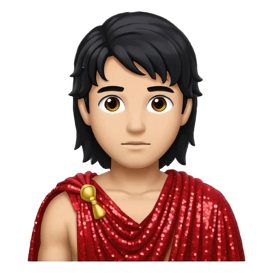 Adonis from Roman Deities with long black hair, red sequin toga sticker