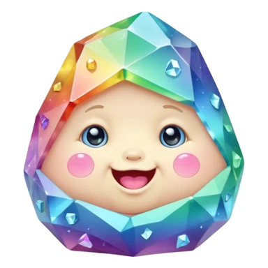 A single pastel rainbow crystal baby rock character, chubby and heavy with a chunky, irregular polygon shape,covered in faceted crystal planes and small chips, big glossy rainbow eyes and a small smiling mout sticker