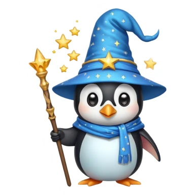 penguin wizard with a starry hat and magic staff, cute emoji style sticker