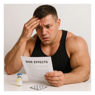realistic beginner bodybuilder consulting list of side effects, vial of testosterone and blister of aromatase inhibitor on table, anxious expression, swollen muscles, white background, 4K quality sticker