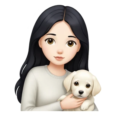 A beautiful girl with long black hair and fair skin is holding a white Labrador sticker