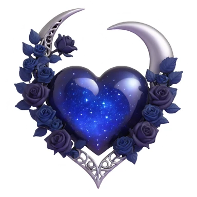 gothic heart in midnight blue glass with silver crescent moon, tiny black roses, shimmering stardust, magical glowing aura, no floating runes sticker
