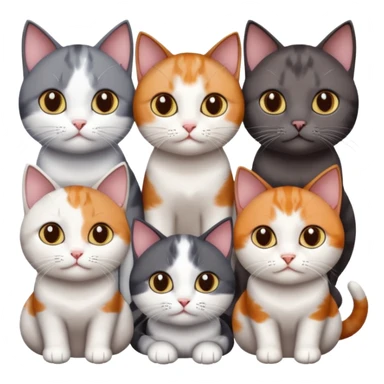 4 different coloured short haired cats including; a dark brown and white cat, and a dark grey and white, and a calico sticker
