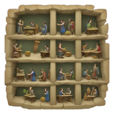 inside of a medieval mint showing different people working sticker