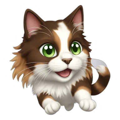 jumping longhaired white and dark brown calico cat with green eyes jumping sticker