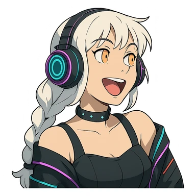 she is listening to music in headphones and JAMMIN!, a closeup portrait of young woman with gold yellow eyes, white hair, long braid, black off-shoulder top d-cup, punk gothic style, futuristic cyberwave cyberpunk,  sticker