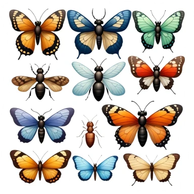 Close-up of various home insects, such as beetles, ants, and butterflies, showcasing their intricate details, wings, and body structures. Soft lighting accentuates their features. Transparent background. sticker