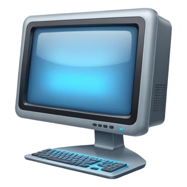 old grey computer monitor with a blue glowy screen, side angle sticker