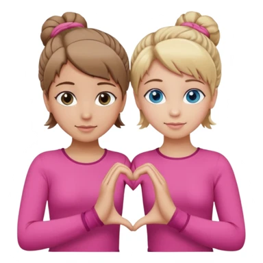 Two best friends making a heart shape with their hands together. One of them has blond hair which is shorter and the other has brown hair tied up. They are both wearing pink outfits. They both have blue eyes  sticker