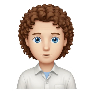 White boy with blue eyes and brown semi long hair with a White shirt without a side part, curly hair sticker