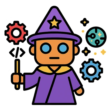 vector illustration of a mini AI wizard with floating gears, a wand made of code, sparks of automation magic coming out of a circuit orb, clean lines, modern tech aesthetic, suitable for branding sticker