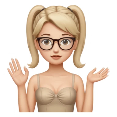 Une fille avec une robe courte en bustier beige avec des lunettes et une demie queue , des ongles en french manucure  sticker