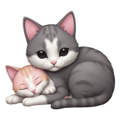 dark grey and white small cat with eyes closed, leaning his head on his paw while leaning on his elbow lying down sticker