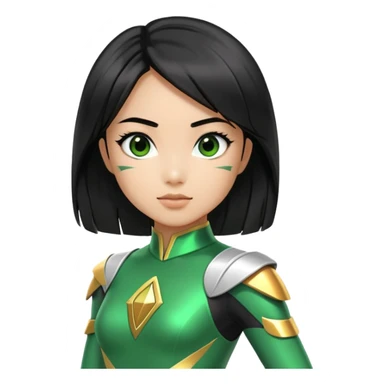 wasian girl in a green Power Ranger suit, black straight hair, black eyes sticker
