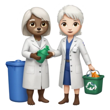 an woman otter picking up trash bins, next to a mad scientist sticker