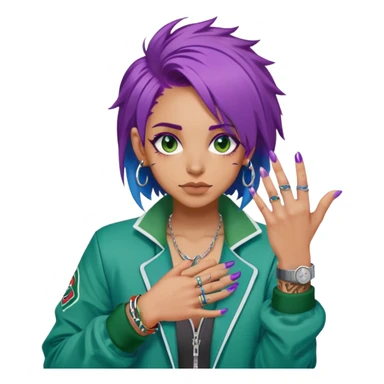 A person with messy purple hair, wearing a green sports jacket with white accents. Add details such as rings on the fingers, tattoos on the hands, and bright nail polish (blue and red). sticker
