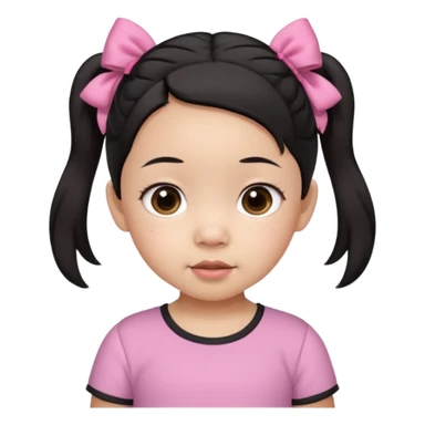 mixed 1 year old girl asian and american with short pigtails and cute bows i dark brown/black hair with big brown eyes emoji in a pink shirt sticker
