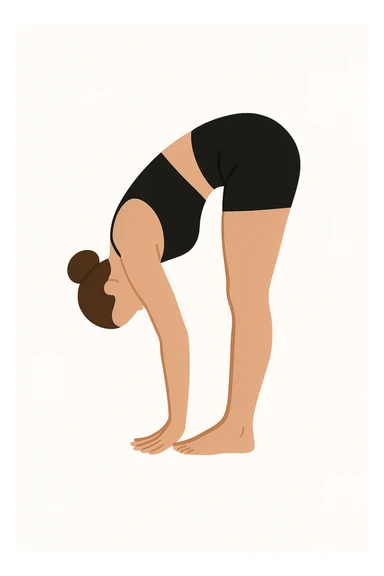 Minimalist flat vector illustration of a woman doing yoga in forward fold pose (Uttanasana), wearing sportswear (black top and black shorts), brown hair in a bun, clean white background, no face details, elegant style sticker