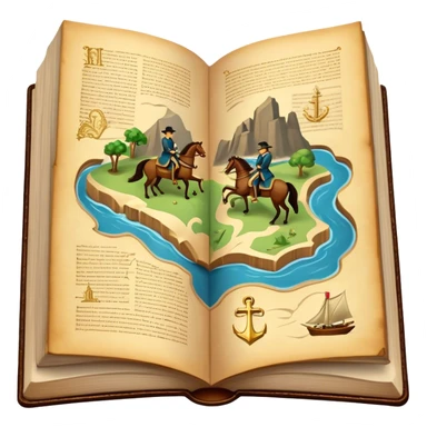Icon for Reading Fiction: a large open book with pages turning into musketeers on horseback, Sherlock Holmes and Island of treasure map. The icon should evoke the adventure and romance of exploring fictional worlds. Transparent background. sticker
