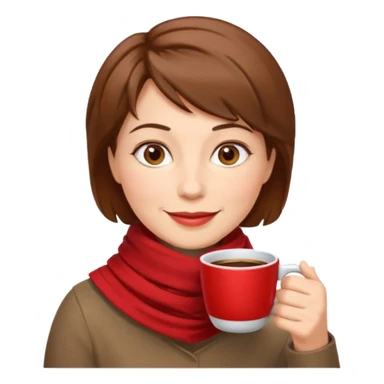 a middle age woman with brown short hair, having red scarf, drink coffee, enjoy sticker