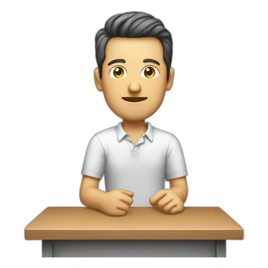 a white man a mic in his table, sitting, wearing shirt sticker