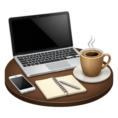 Laptop on the table, coffee and notebook sticker