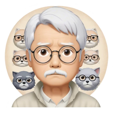 ​Cinematic Realistic Portrait of Hayao Miyazaki, depicted with striking white hair, defined black eyebrows, and large rectangular glasses, his thoughtful expression rendered in lifelike detail against a background of whimsical Studio Ghibli-inspired sketches, illuminated with soft, realistic lighting that emphasizes his creative genius, sticker