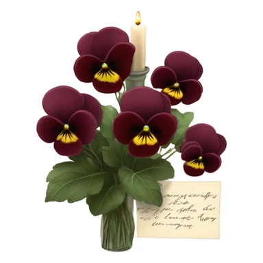 A handwritten love note resting beside a bouquet of burgundy pansies and a flickering candle
 sticker