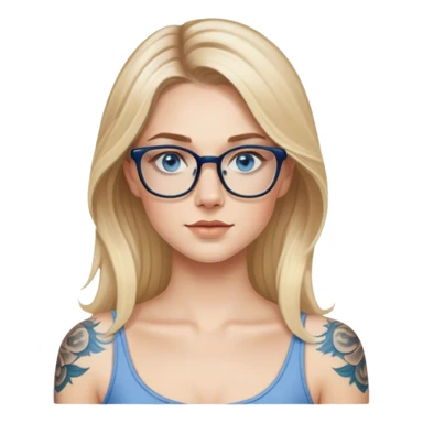 Hyper Realistic edgy model, pale woman, long blonde balayage hair, blue eyes and glasses, shoulder tattoo  sticker