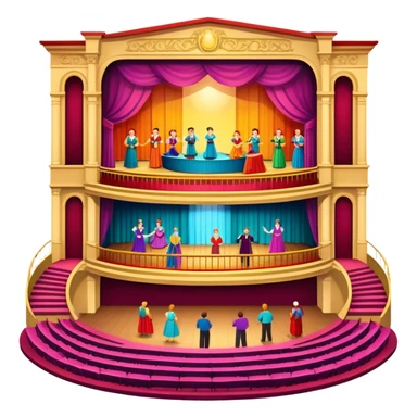 An icon showing a grand theater stage with actors performing in a vibrant play, surrounded by dramatic lighting. The audience watches from colorful balconies, adding to the lively atmosphere. The design captures the magic of live theater, set against a transparent background. sticker