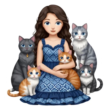 detailed realistic looking a dark grey and white cat regally sitting with six other cats, cuddling with their owner who is a pretty bratz lightly tanned white girl with long dark brown hair, blue eyes and gorgeous long wavy hair wearing a pretty detailed dress sticker
