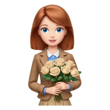A Barbie girl with blue eyes, shoulder-length reddish-brown hair, made-up, wearing a beige tweed jacket and a beige skirt, with a bouquet of white nine roses sticker