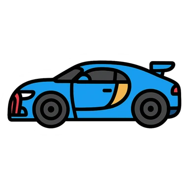 Bugatti car, sleek and luxurious, bold black outlines, vibrant blue color, color icon style sticker