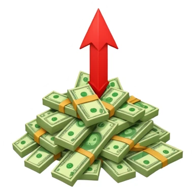 a pile of money with red arrow up sticker