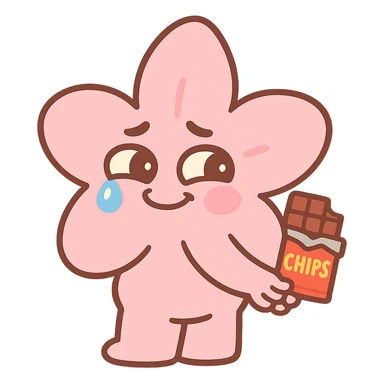 baby pink cherry blossom flower with teary eyes and a mischievous smile, hiding snacks behind its back, soft chubby body, kawaii face, pastel-toon style sticker