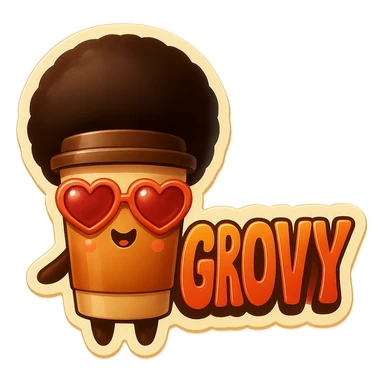 Tall coffee cup, no mouth, afro, heart glasses, giant groovy sign sticker