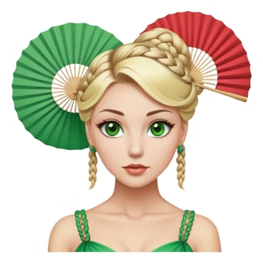 lady with Pale complexion, sharp features, high cheekbones, Blonde hair, usually styled in braided updo, green eyes accessorized with a decorative fan sticker