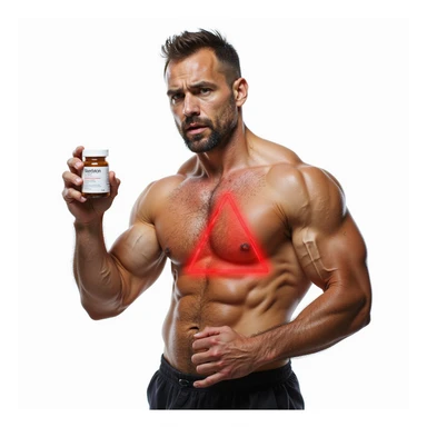 bodybuilder with growing muscles, holding a box of oral steroids, liver area highlighted with red danger triangle symbol, worried look, isolated on white background sticker