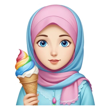 Turkish beautiful finish Konya girl blue eyes with ice cream pastel hijab islamic dress and had on her hand rainbow ice cream  sticker