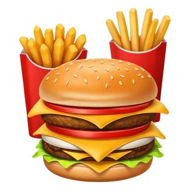 A clean and simple icon of fast food in emoji-style illustration. A burger with fries, nuggets and shawarma, bright and bold colors, simple shapes, flat design, high contrast, inviting and appetizing. sticker