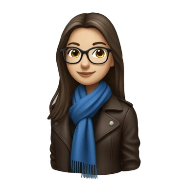 Slavic girl with long straight brown hair, fair skin, dark brown eyes, smile, black glasses, wearing a blue scarf around her neck and a leather jacket. sticker