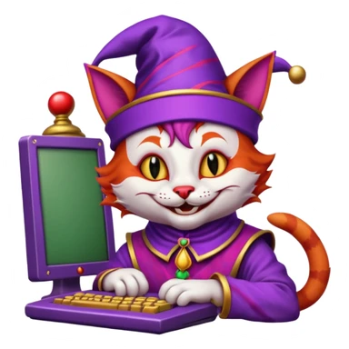 crazy colorful cute little cat jolly joker from poker, medieval, vintage, court jester, mac os icon, purple and red color, half body. The cat is inside a retro computer terminal sticker