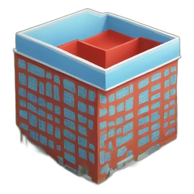 District with large blue and red building at the base sticker
